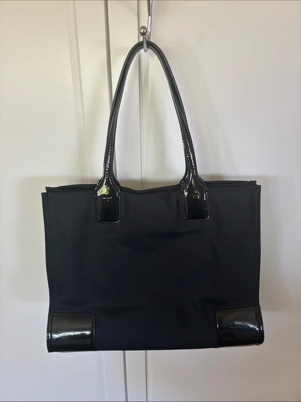 Tory Burch Black Nylon Tote with Patent Trim and Logo